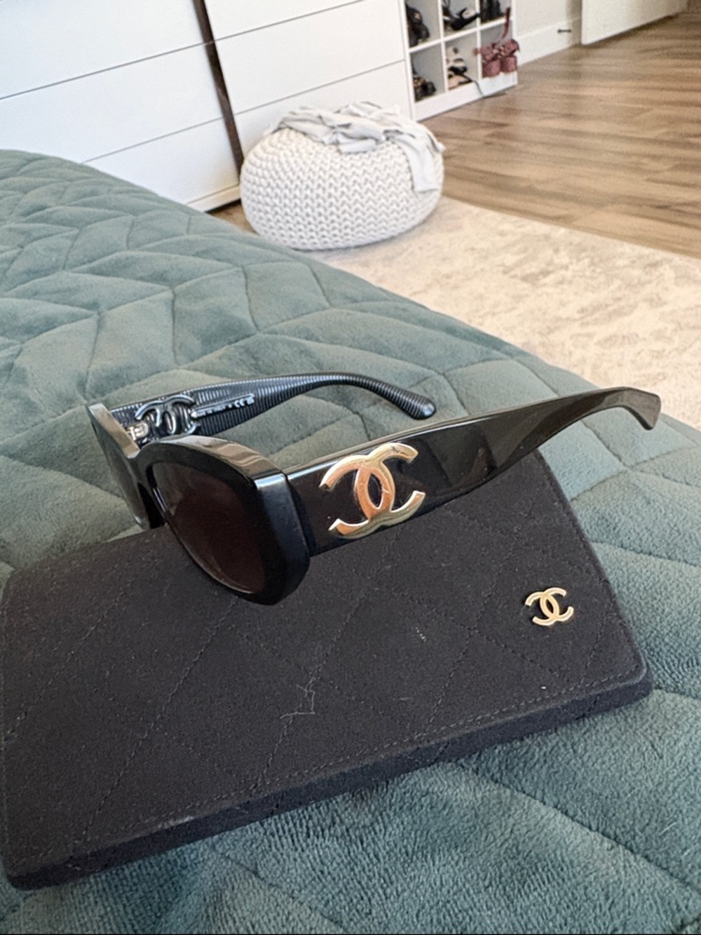CHANEL Black Sunglasses with Gold CC Emblem